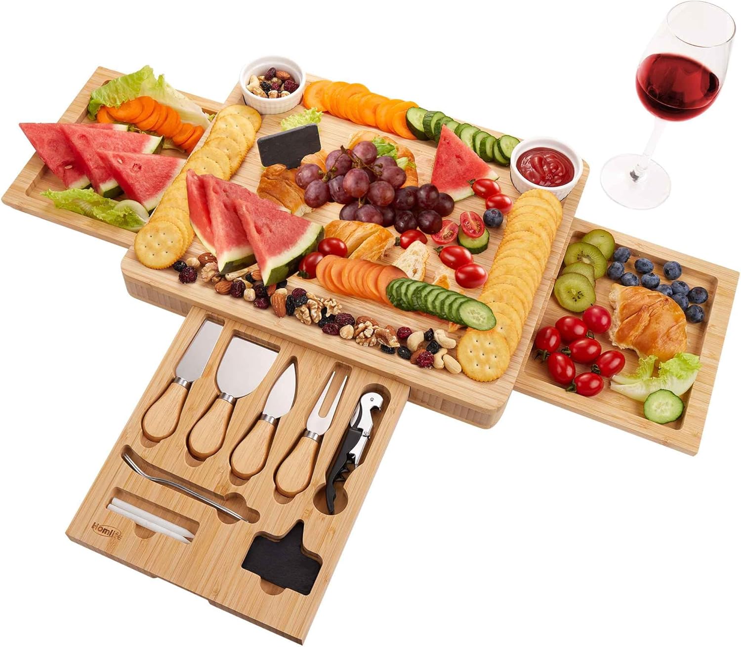 Hossejoy Juego De Tablas De Queso De Bambú Para Servir Carne, Incluye 4 Cuchillos De Acero Inoxidable Y Utensilios Para Servir Para Navidad, Boda, Cumpleaños, Aniversario