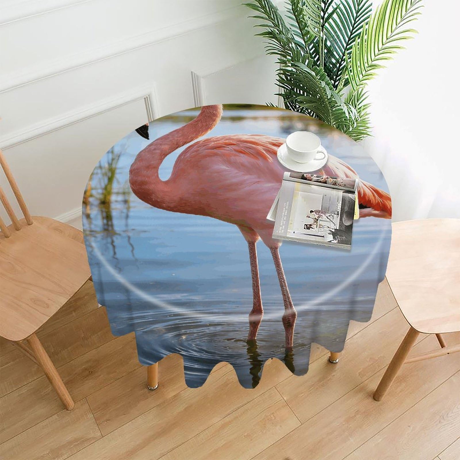LZQPOEAS Elegant Flamingo with National Flag Tablecloth Easy to Clean Polyester Round Table Cover Washable Round Table Cloth Wrinkle-Free Circle Decoration Tablecloth for Kitchen and Dining Room 60"