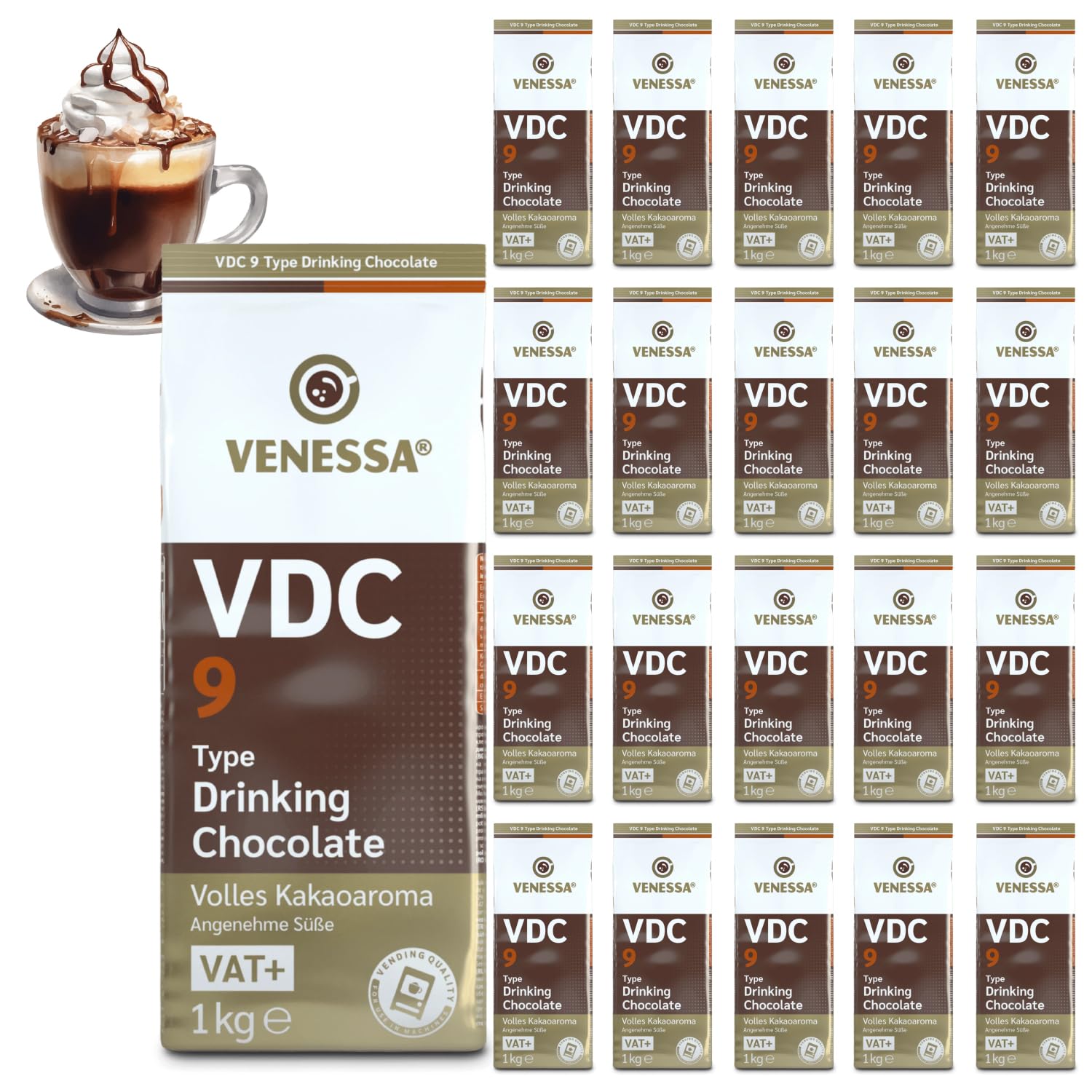 VENESSA VDC9 - Chocolate para beber (20 x 1 kg, con el mejor aroma, 9% de cacao/leche, sin grumos, cacao en polvo para empresas, posadas, restaurantes, todo tipo de vendas)