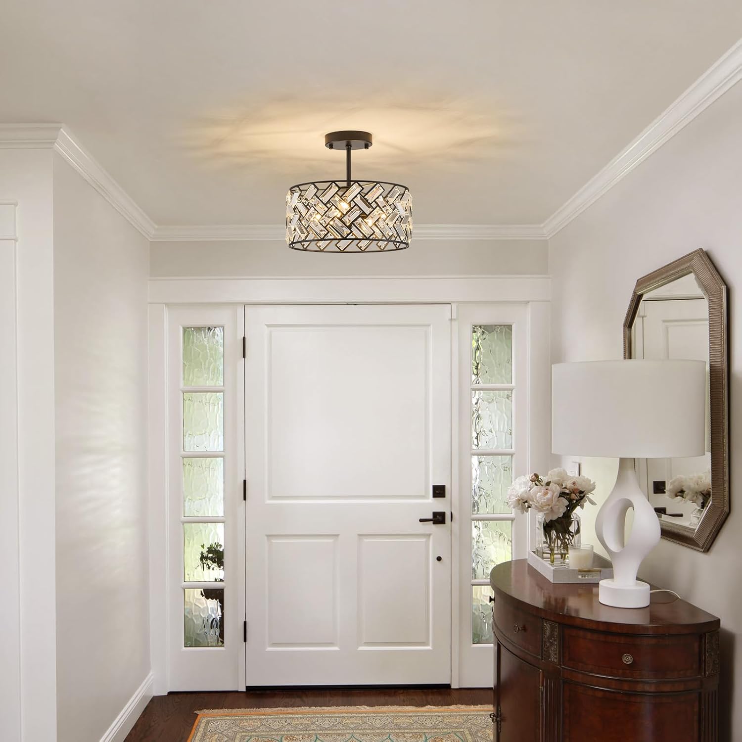 Black Crystal Pendant Light Farmhouse 4-Light, 12" Round Modern Semi Flush Mount Chandelier Ceiling Light for Kitchen Island, Dining Room, Bedroom, Hallway, Foyer