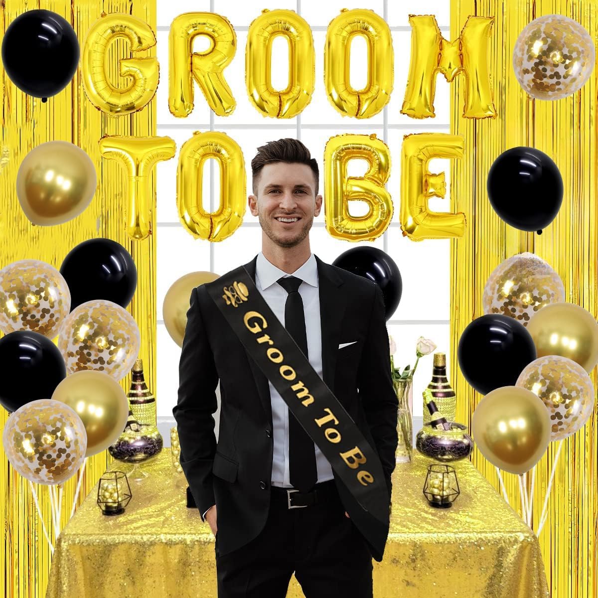 Bachelor Decorations for Men - Groom Sash, Balloons & Photo Props - Black & Gold - Bridegroom Shower & Wedding Party Supplies image 2