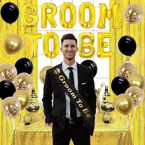 Miniatura 2 de Decoraciones de soltero para hombres – Banda de novio, globos y accesorios para fotos – Negro y dorado – Ducha de novio y suministros de fiesta de