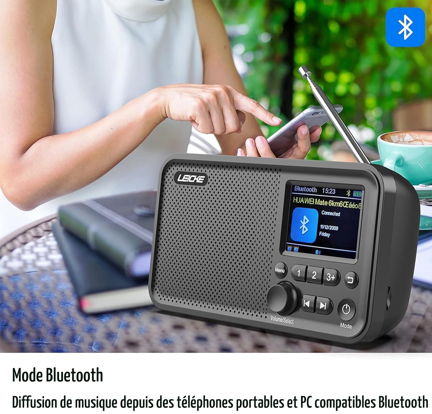 LEICKE Radio Portable avec Bluetooth 5.0 | Radio Dab/Dab+ et FM, écran Couleur 2,4", 80 préréglages, Radio de Cuisine avec câble ou Batterie de 2000mAh, Connexion MicroSD/TF/AUX, Fonctions d'alarme