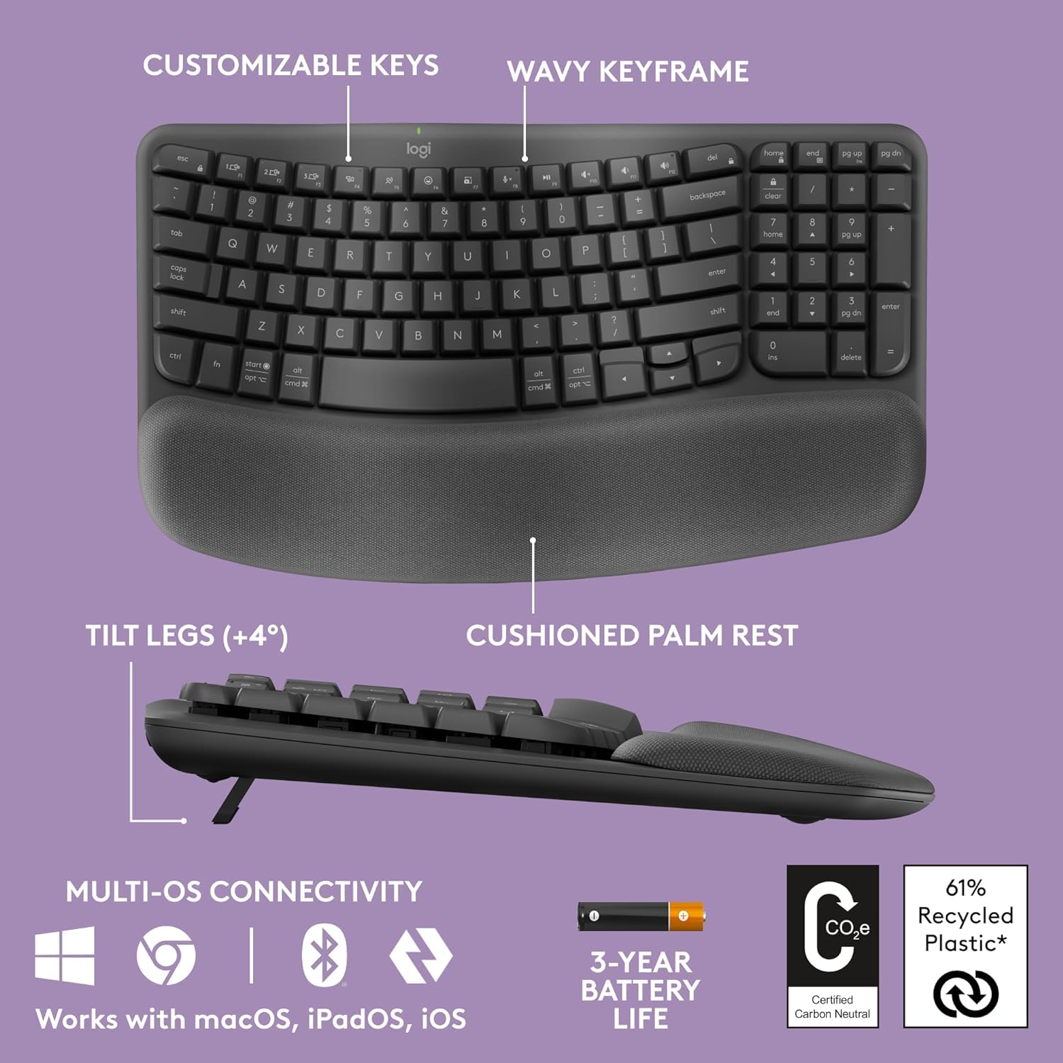 Amazon.com: Logitech Wave Keys Wireless Ergonomic Keyboard