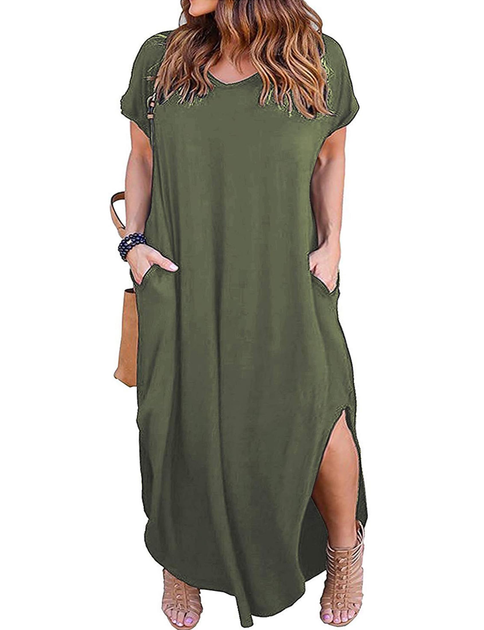 Kancystore Womens Casual Loose Maxi Dress with Pockets Short Sleeve Summer Beach T-Shirt Dresses Oliver M Army Green