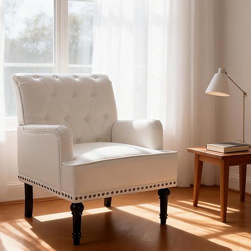 Miniatura 14 de MOJAY Silla decorativa de piel sintética, sillón de mediados de siglo con patas de madera de goma, silla de club con ribete de remache para
