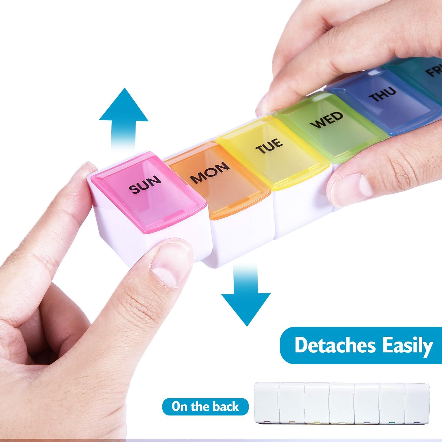 Small Portable Clear Versatile Detachable Weekly Pill Case 7 Days Individual Separable Compartments Medicine Organizer Well Suited for Travel Use (Rainbow)