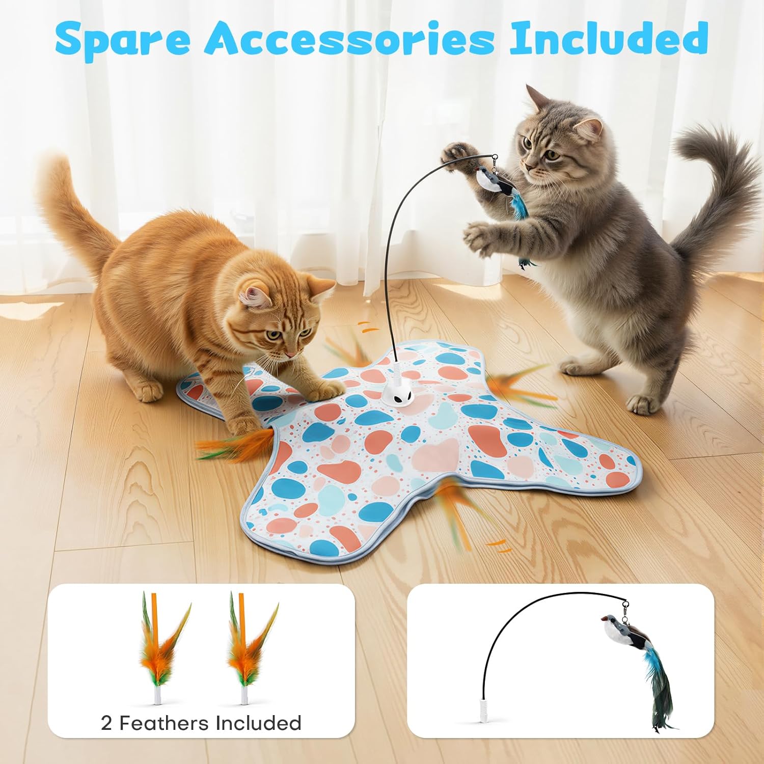 Interactive Cat Toys with Bird, Hide and Seek Cat Toy, 2 in 1 Automatic Moving Concealed Feathers for Indoor Cats, Non-Slip Suction, Touch Activated, USB Rechargeable, Blue