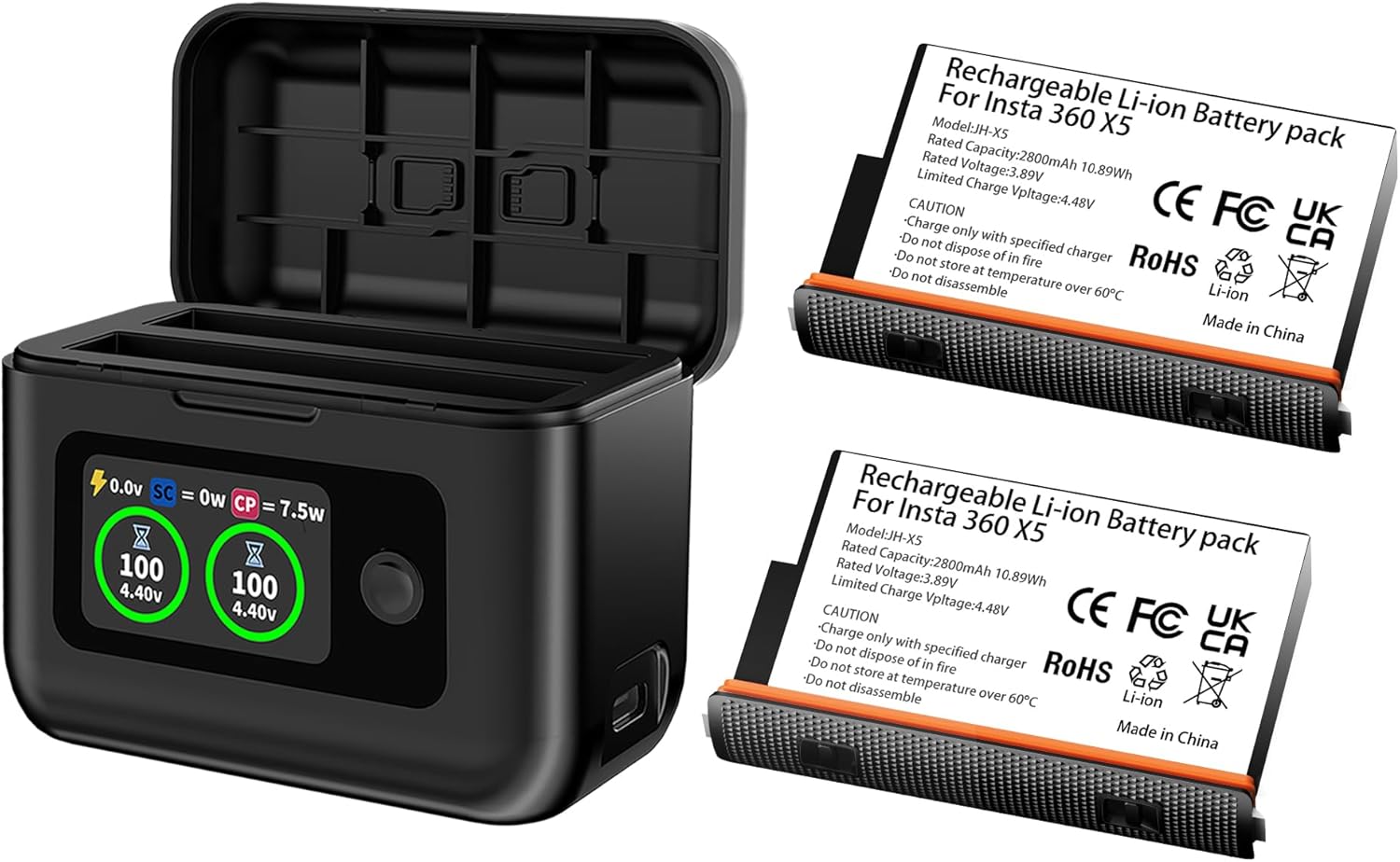 Runpower Insta 360 X5 Batteries (2 Packs) with Fast Charge Hub Dual Fast Charging Case w/LCD Display, Intelligent Charger Hub for Insta360 X5, Shows Battery SOC (Battery*2 and Charger*1)
