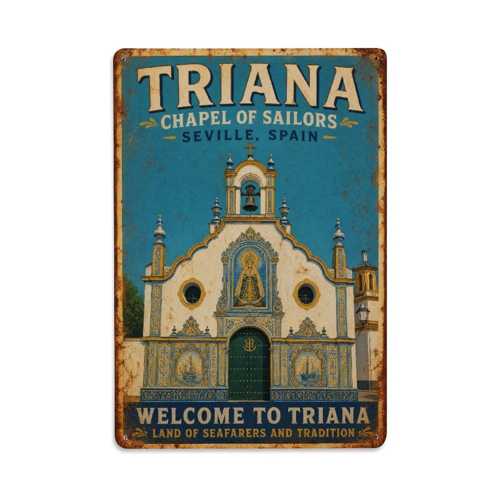 Yrnq 08X12inch Vintage Style Vintage Triana Chapel Sailors Ceramic Facade Tiles Spain Metal Tin Sign