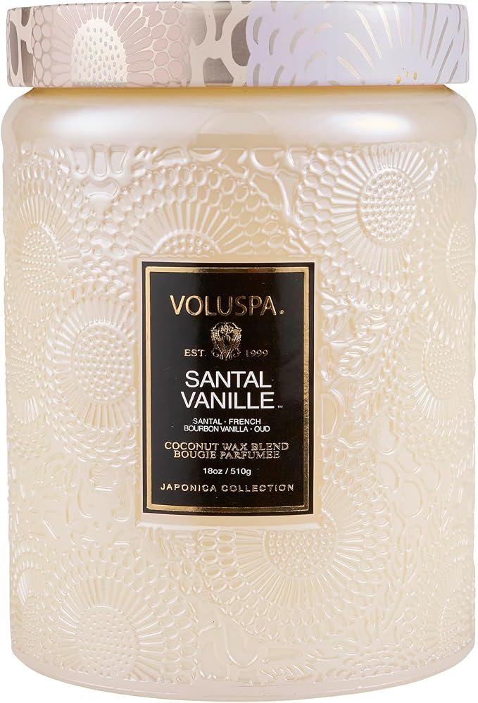 Voluspa Santal Vanille, Large Candle Jar, 18 oz, 100 Hour Burn Time, Coconut Wax for Clean Burning, Handcrafted in the USA
