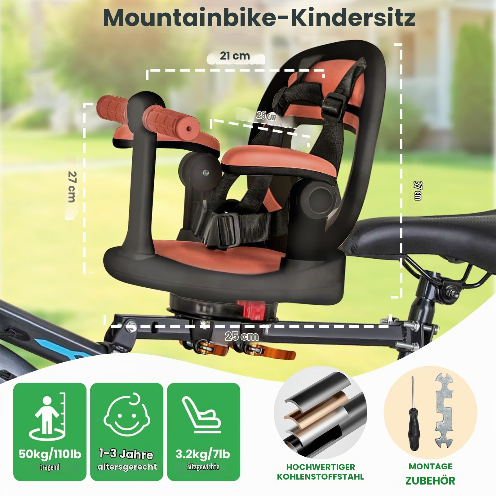 auvstar Kindersitz Fahrrad Vorne,Mountainbike Kindersitz,Sitz Um 360° Schwenkbar,Schnellspanner,Mit Fußstütze,Armlehnen,Gitter,Sicherheitsgurten,Geeignet Für Kinder Im Alter Von 1-3 Jahren (Braun)