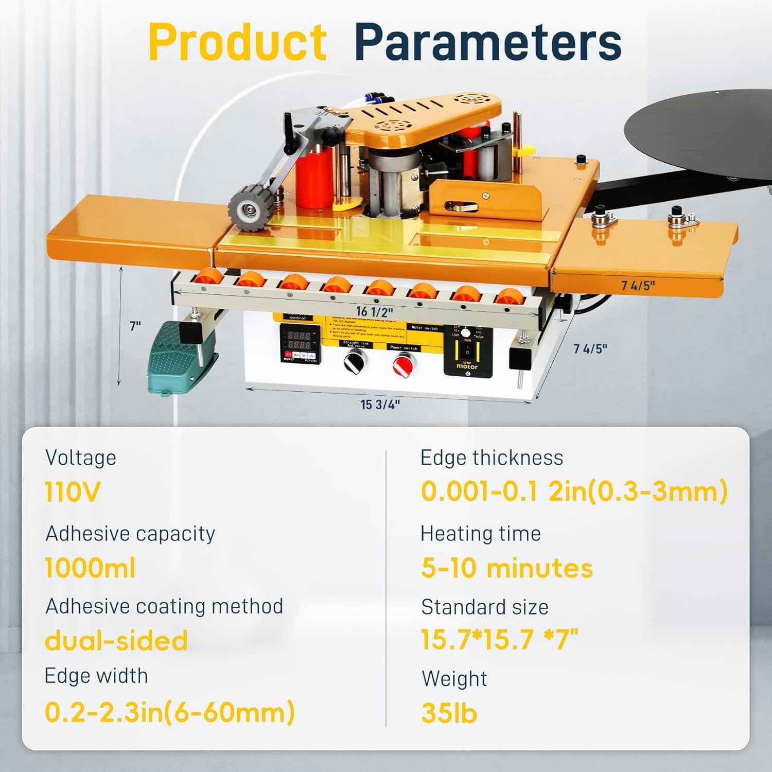 Woodworking Edge Banding Machine for Curve/Straight Edge, Auto Tape Breaking, Dual-Side Glue Application, Microcomputer Control, Adhesive Capacity 1000ml, Adjustable Speed 5–10m/min, 110V