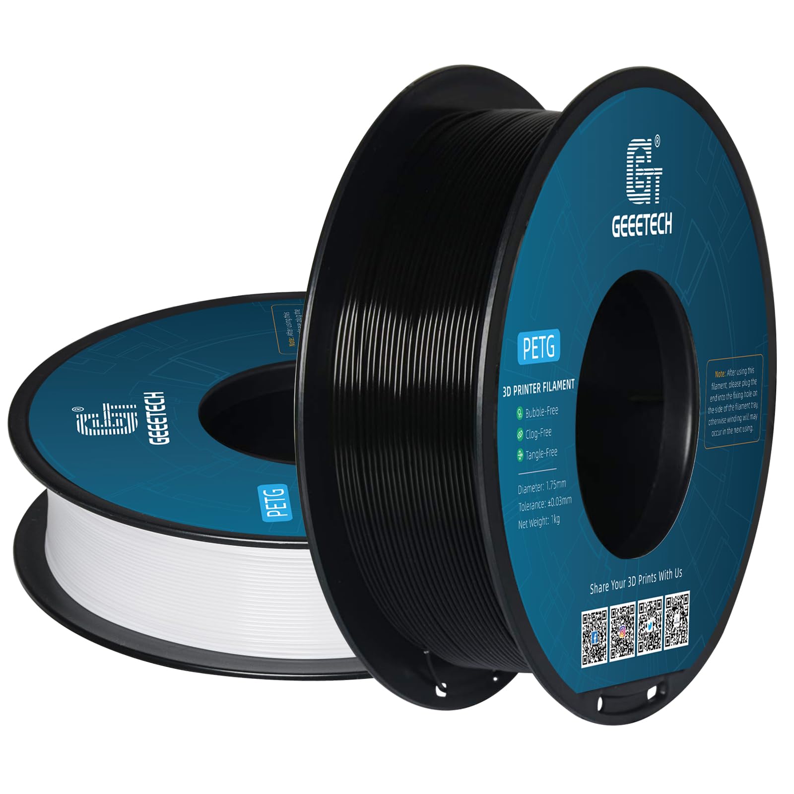 GEEETECH PETG Filamento 1,75 mm, filamento per stampante 3D, 1 kg per bobina, 2 bobine, nero&bianco