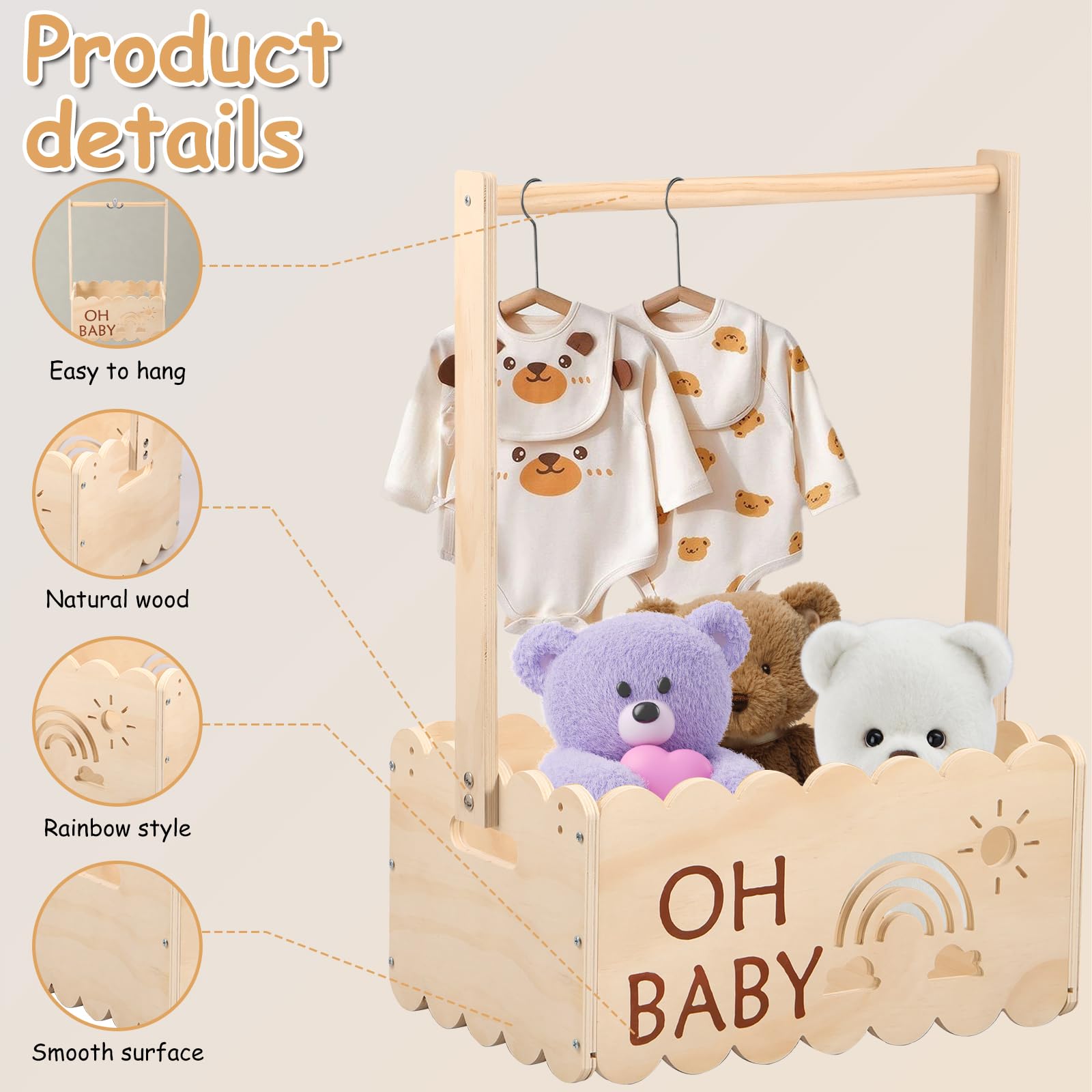 Anihet Baby Shower Crate Closet, Wooden Baby Shower Basket with Handle - Image 3