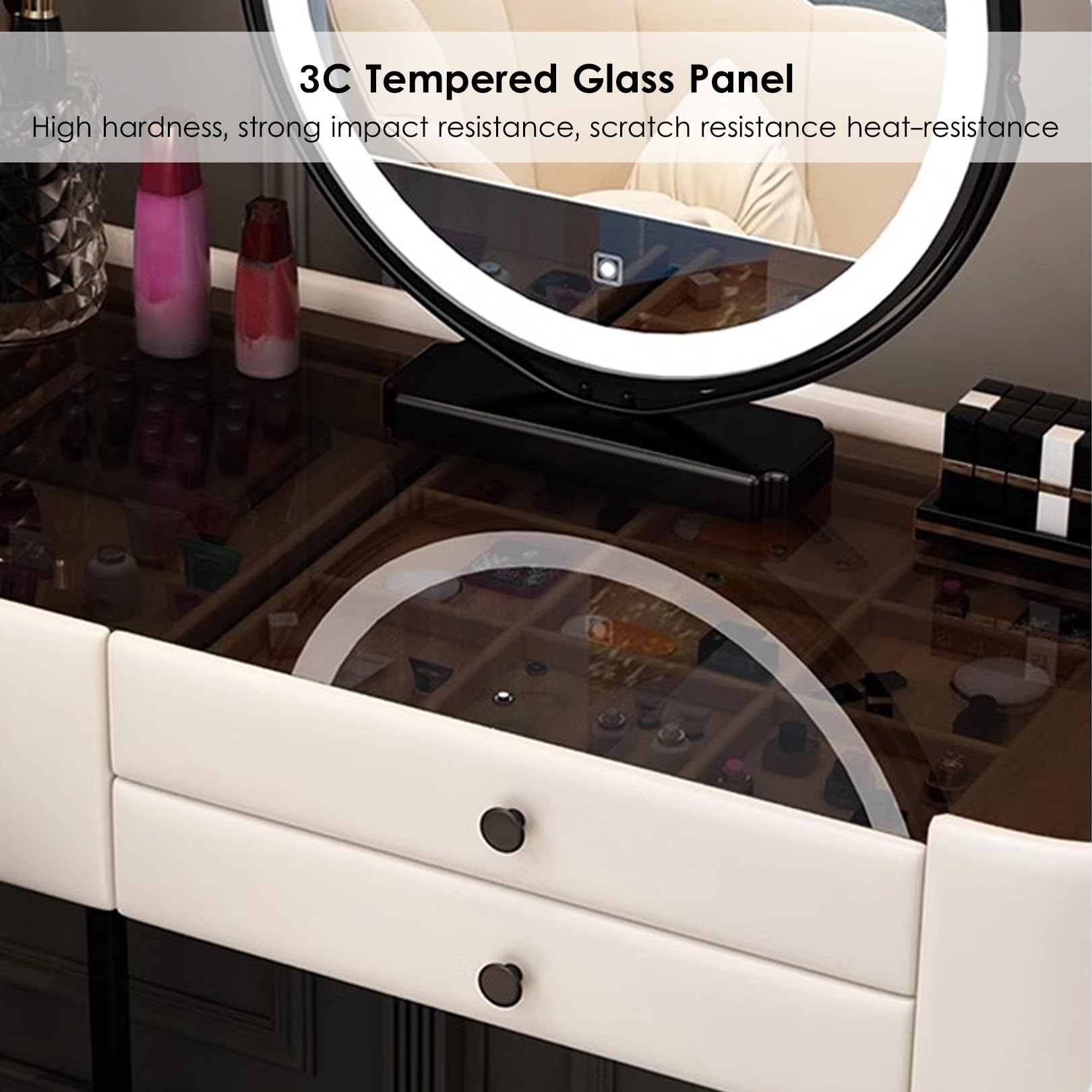 Tavolo Da Toeletta Con Specchio Quadrato E Luci Regolabili – 80 Cm, 5 Cassetti Piccoli E 1 Grande, Design Minimalista