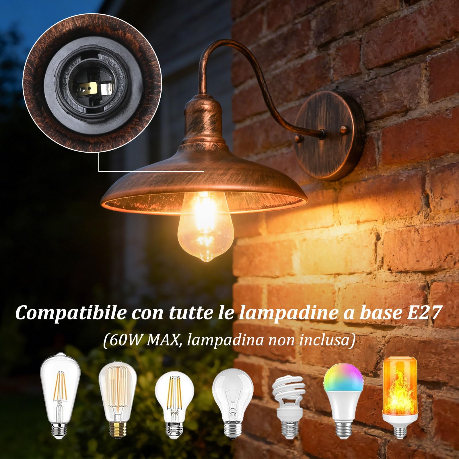 4 Pezzi IP54 Impermeabile Bronzo Antico Applique da Parete per Esterni Antiruggine Casa Colonica 9,44" Retro Lanterna a Collo di Cigno per Portico Garage