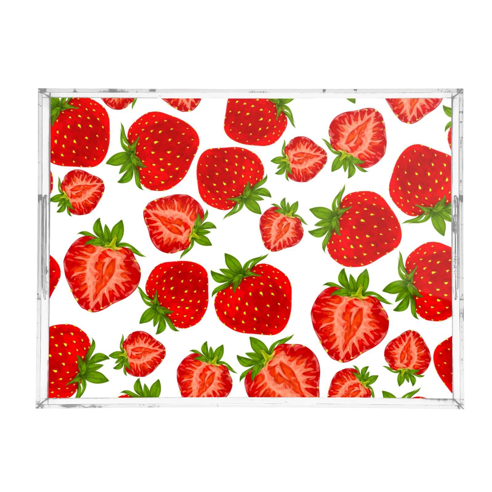 Bandeja transparente de acrílico para servir con asas, bandeja de desayuno de 12 x 16 pulgadas, bandeja de desayuno de acrílico orgánico para jardín, personalizado rojo fresa, bandejas transparentes