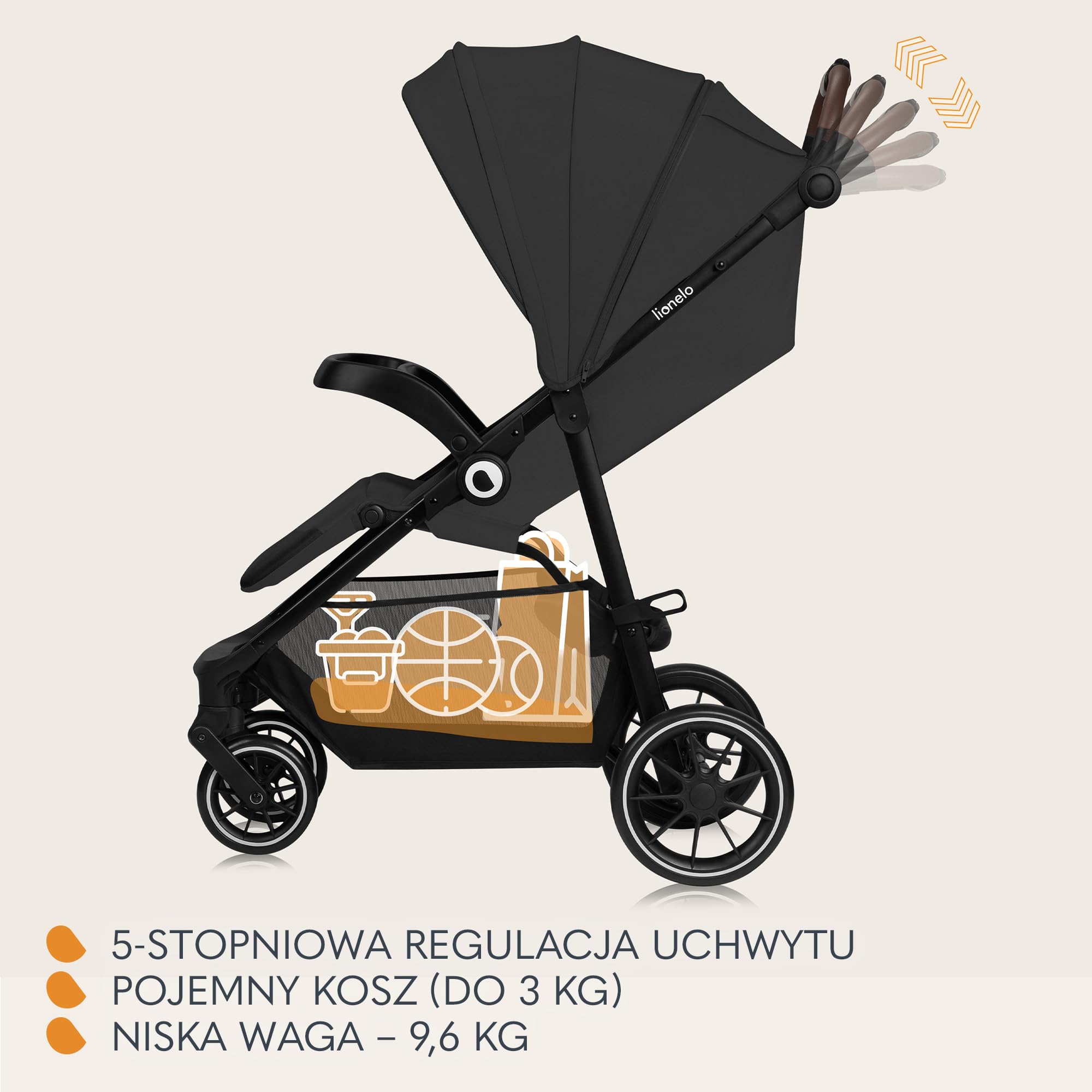 LIONELO EMMA ONE Spacerowy Wózek Dziecięcy do 22 kg od 6 m do 4 lat Obrotowe Koła 360° Pełna Amortyzacja Składany Jedną Ręką Regulacja Oparcia i Podnóżka Daszek XXL UPF50+