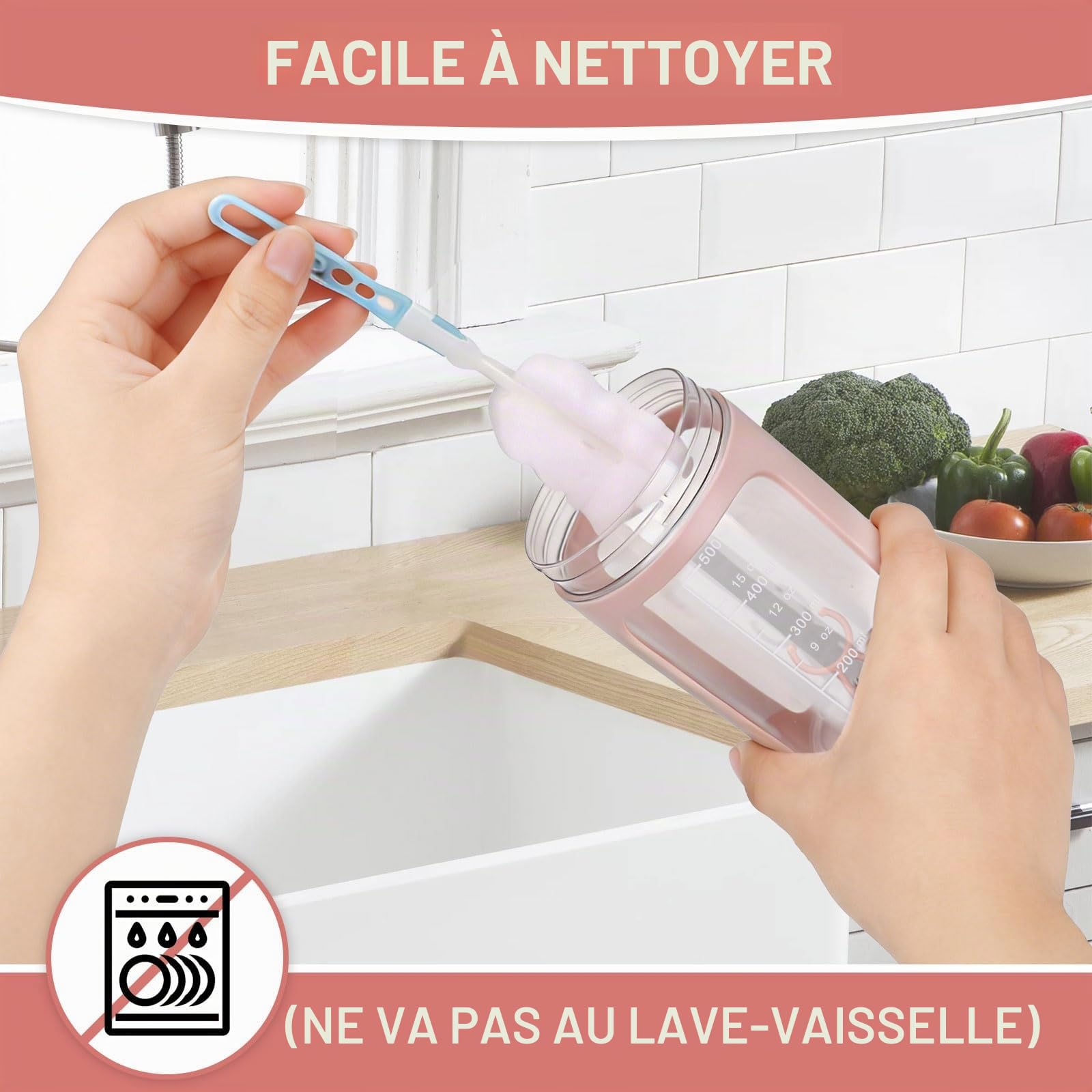 Shaker Électrique Rechargeable 650ML,Bouteille shaker de protéines avec Boîte à Poudre et Brosse, Rechargeable USB-C,pour Shakes Protéinés et Milkshakes Crémeux, Sans BPA, Rose