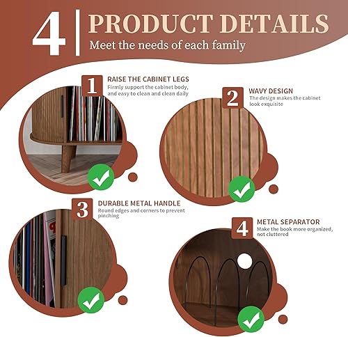 Miniatura 4 de Soporte grande para tocadiscos de nogal con estación de carga, mesa giratoria de mediados de siglo, armario de almacenamiento para tocadiscos de