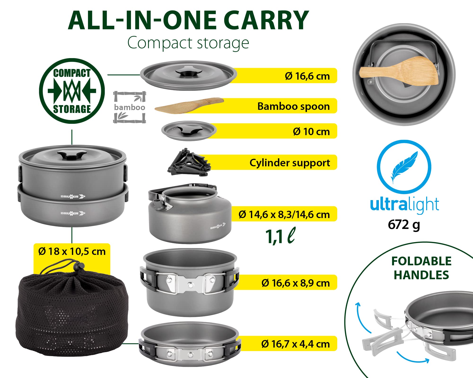 Brunner 0802024N Set Pentole Popote Outdoor in Alluminio Packpot Ultralite 18, per 3/4 Persone
