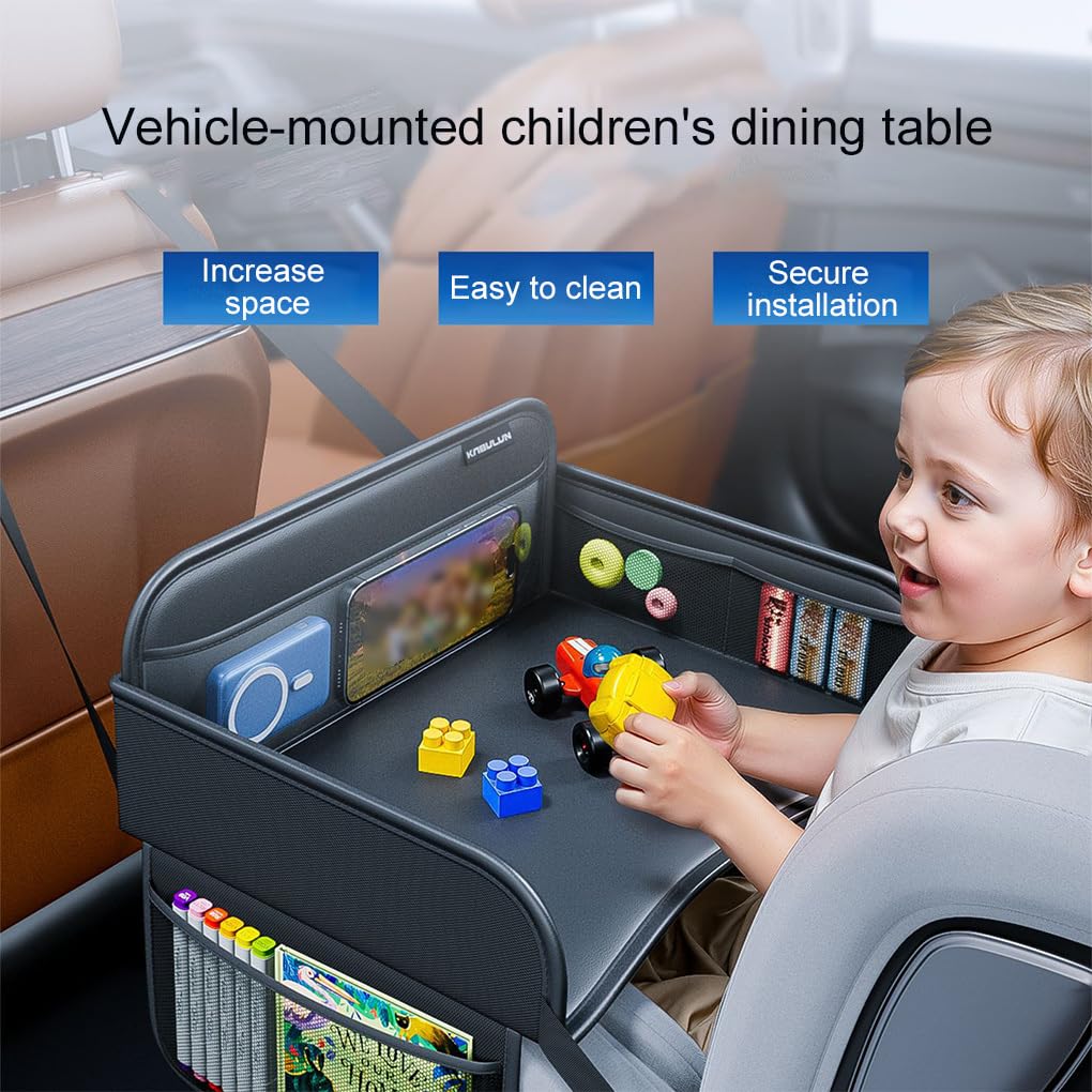 Tavolo da pranzo portatile per bambini con schienale per seggiolino auto, portafazzoletti integrato, spallacci regolabili e vassoio pieghevole, facile