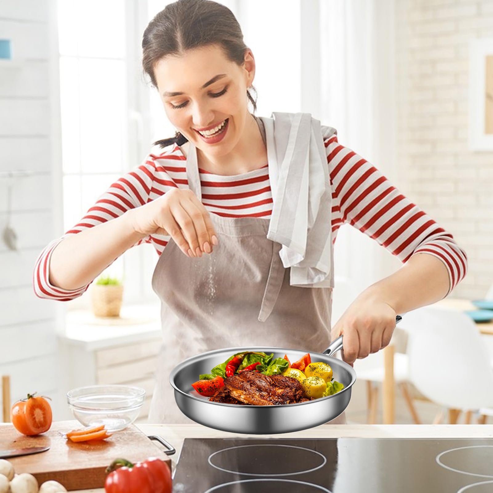 Padella in acciaio padella in acciaio - Anti-slip freity padella con manico - Wok e pentole multifunzionali, padelle per omelette, gadget da cucina per picnic, campeggio