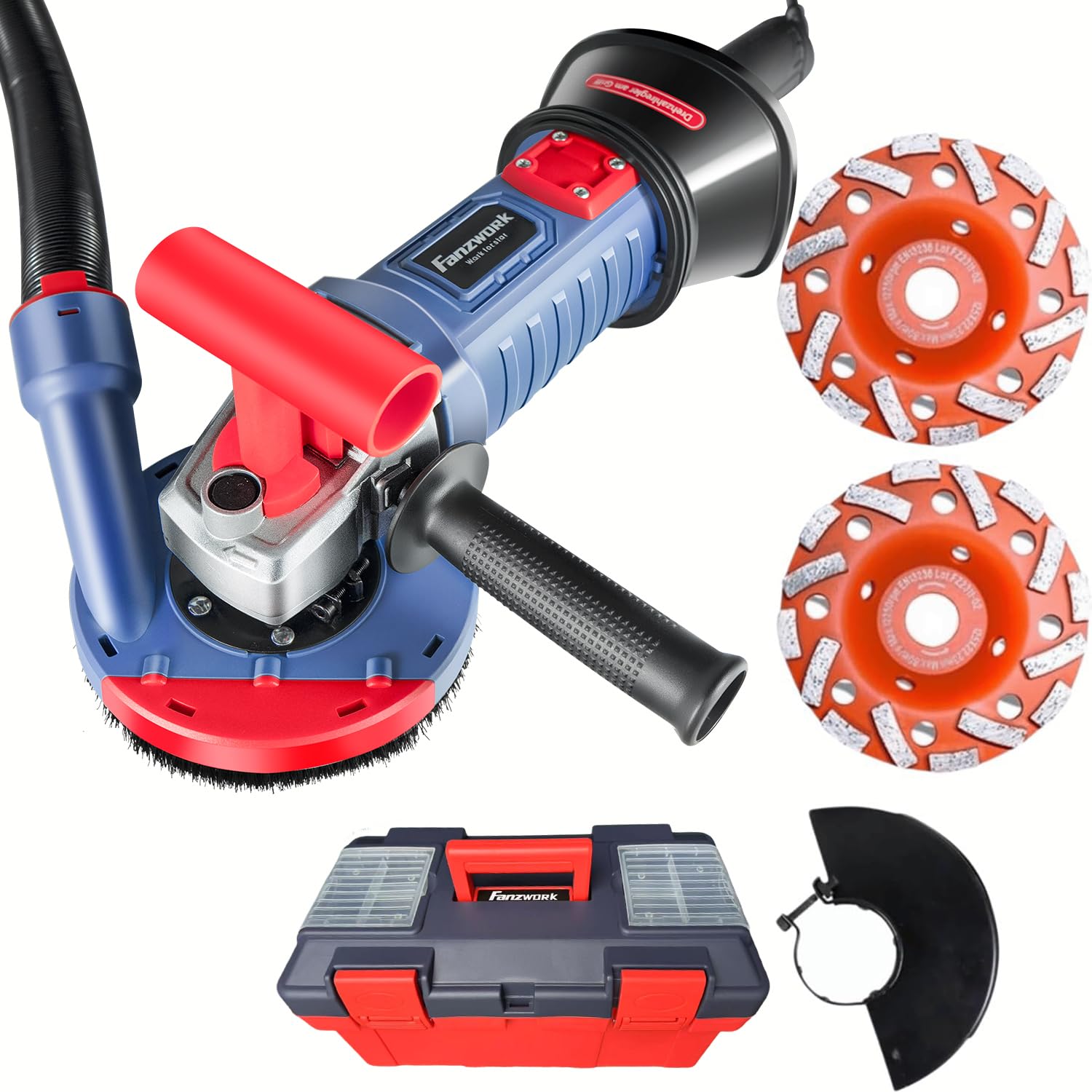 FANZWORK Ponceuse à béton, 1500 W, Vitesse de Rotation Réglable, avec Meule Diamantée de Qualité Supérieure de 125 mm, Capot d'aspiration, Poignée en forme de T (avec 2 meules de 125 mm)