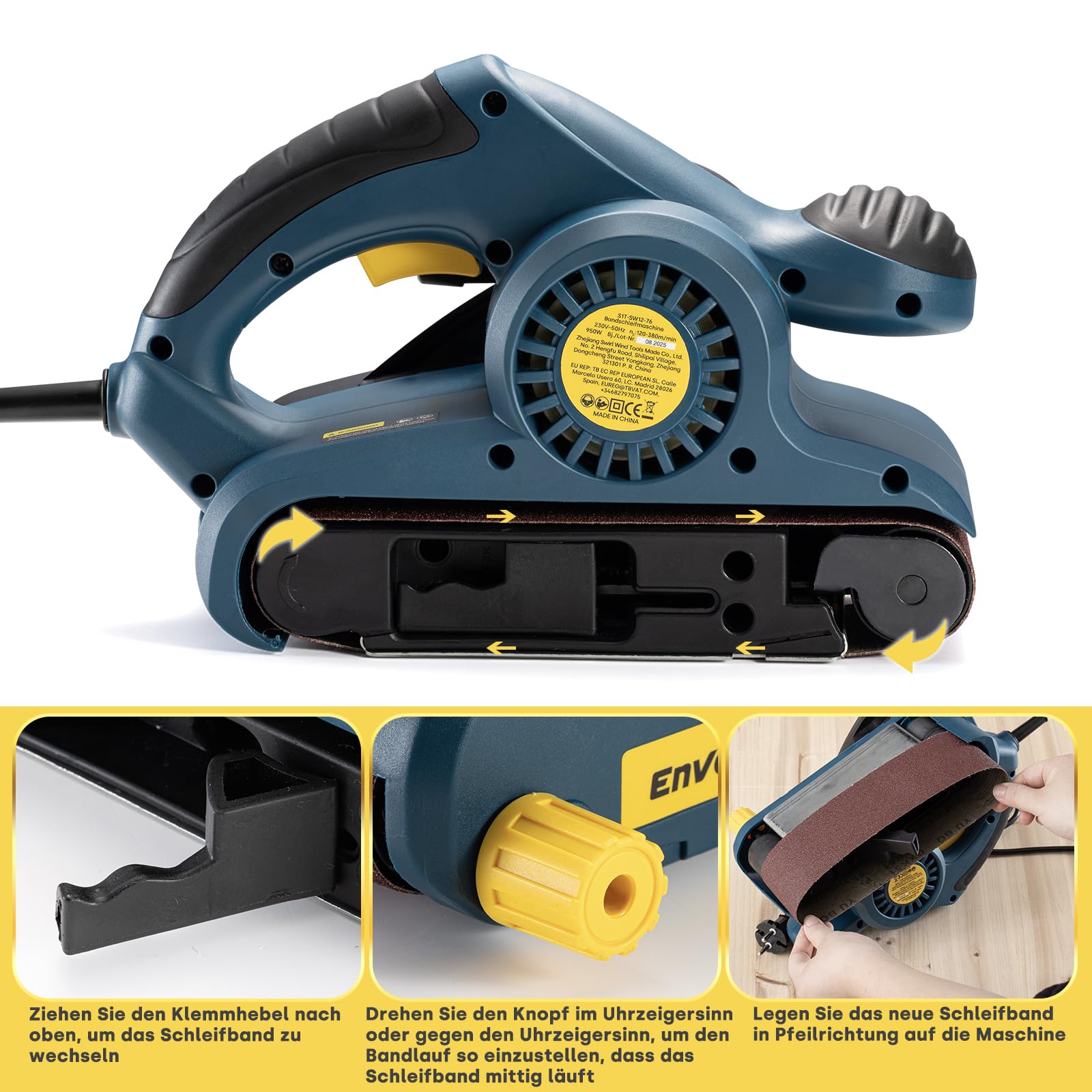 Enventor 950W Bandschleifer, 6 Geschwindigkeitsstufen (120–380 m/min), 2-in-1 Tischschleifer mit Staubbeutel und 12 Schleifbändern (P80, P120, P180,P240), 76 x 533 mm