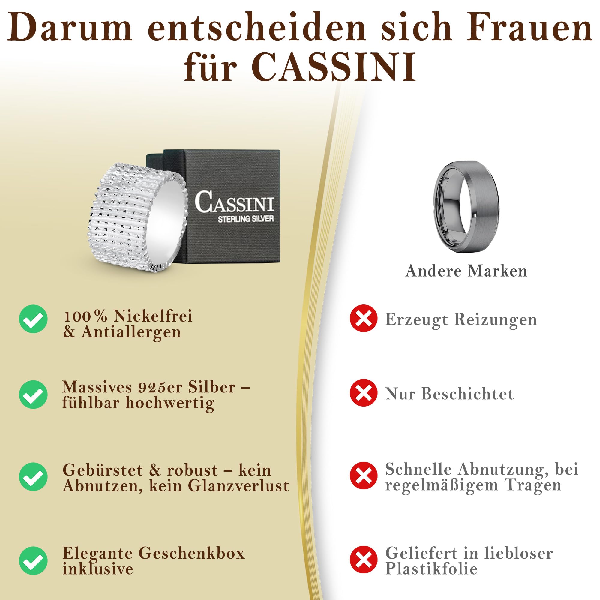 Cassini Damen Bandring massiv aus 925 Sterling Silber – Ringgröße 52-64, Breiter, auffälliger Silberring – Hochwertiger Schmuck für Frauen – Nickelfrei & antiallergisch, Statement Ring