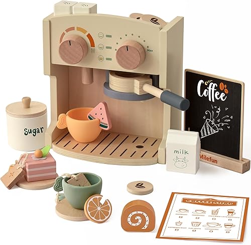 Juego de café de madera, 22 piezas de juguete para niños de 3 a 8 años, juguetes de aprendizaje Montessori con máquina de espresso realista y