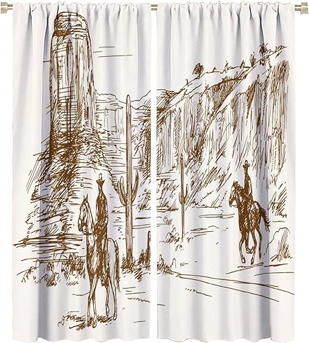 Miniatura 24 de Cortina opaca de vaquero, estilo retro, estilo bosquejo, del desierto occidental, con bolsillo para cortinero, para dormitorio, sala de estar