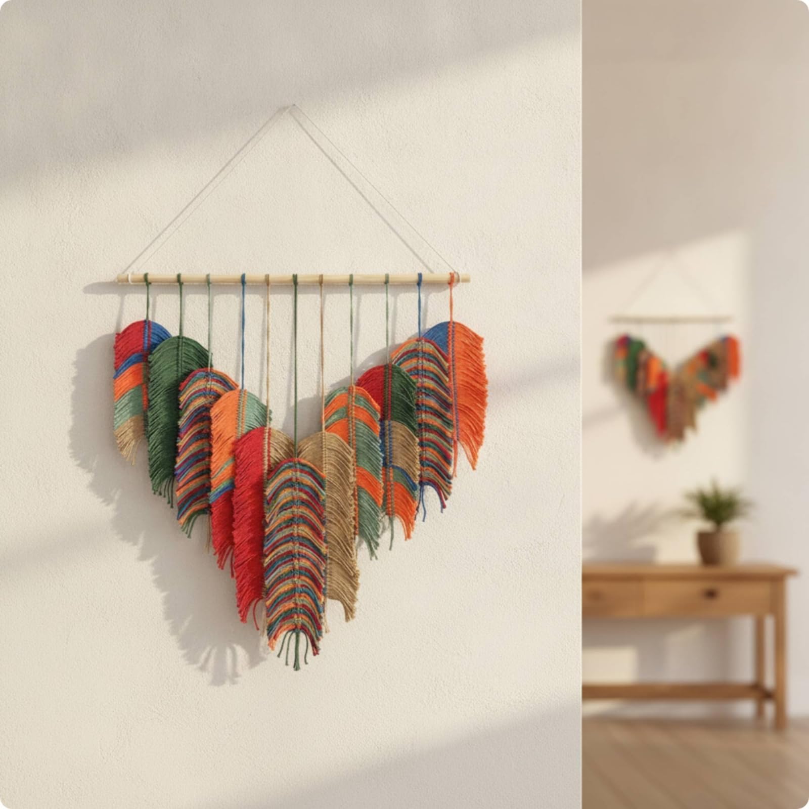 Fonowx Tapiz de Hojas Macramé Pared Colgante Decoración Mural Tejido Artesanal con Caída en Barra de Colgado Algodón y Madera Adecuado para Sala de Estar, Verde, 80 110cm