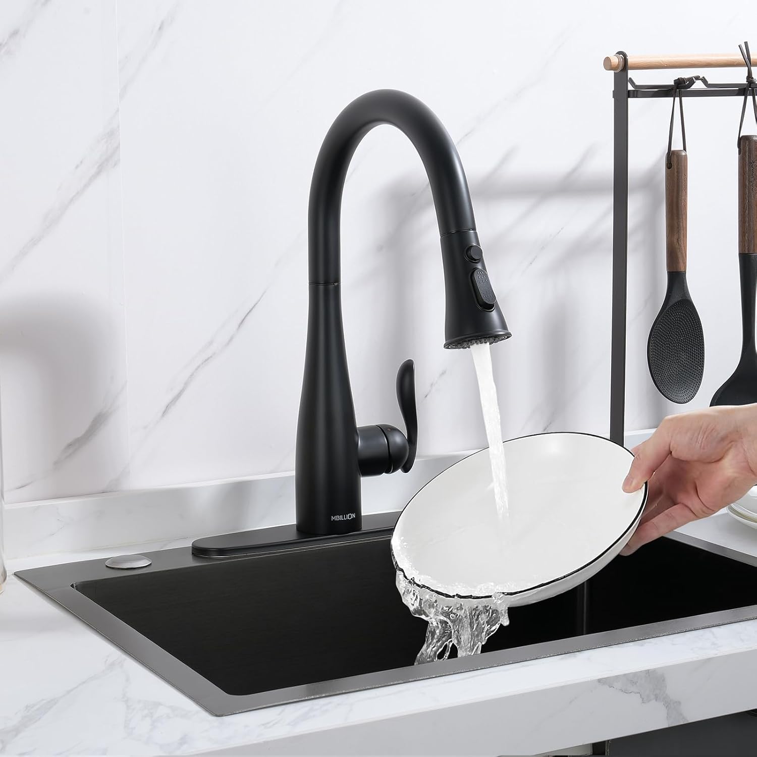 Mbillion Matte Black Kitchen Sink Faucet with Pull-Down Sprayer – 1 or 3 Hole Stainless Steel, Anti-Splash Head – Modern Design for Farmhouse, RV, Laundry Room