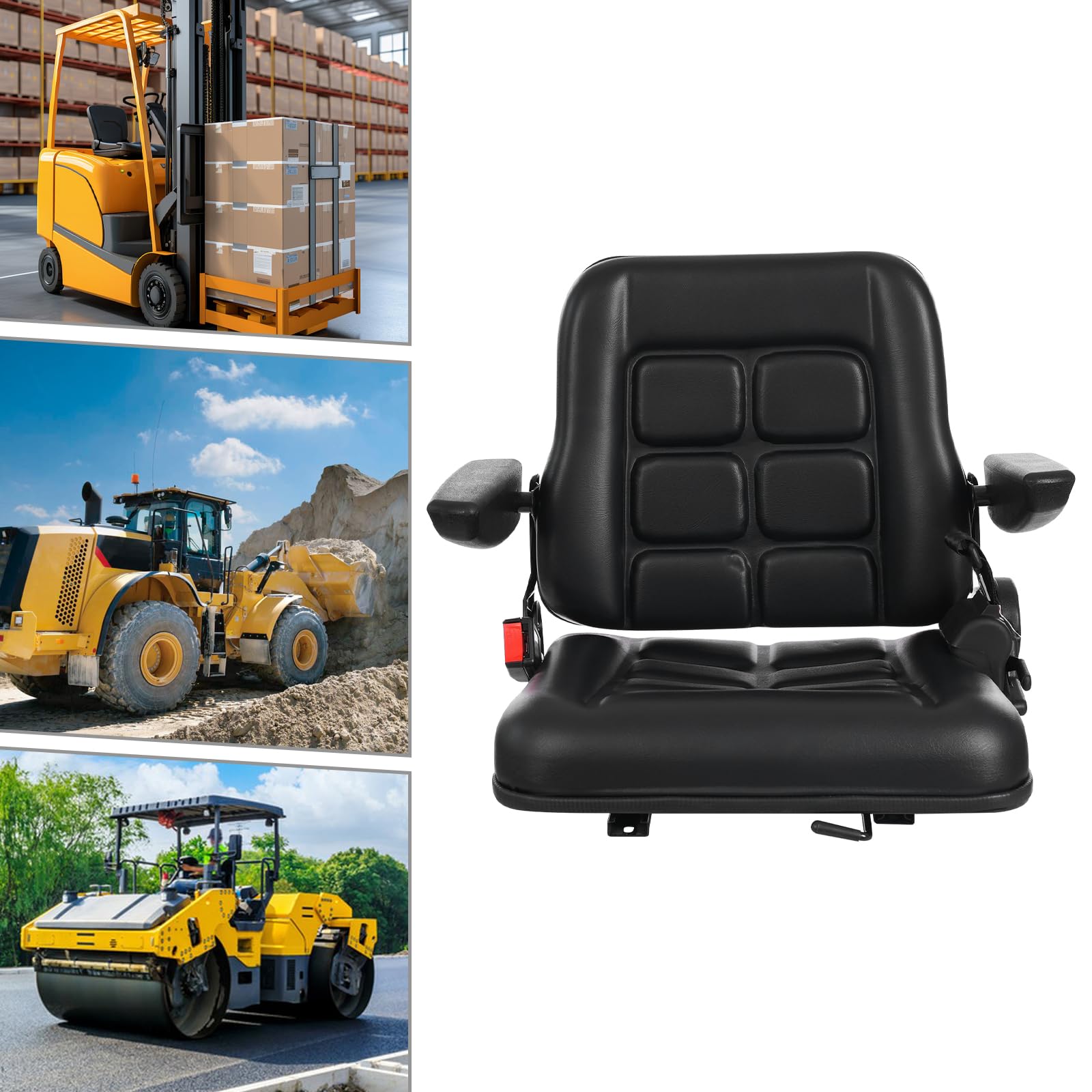 Seggiolino universale per carrello elevatore, sedile trattore con cintura di sicurezza, sedile regolabile in pelle di PVC, sedile del carrello elevatore fino a 100 kg, sedile