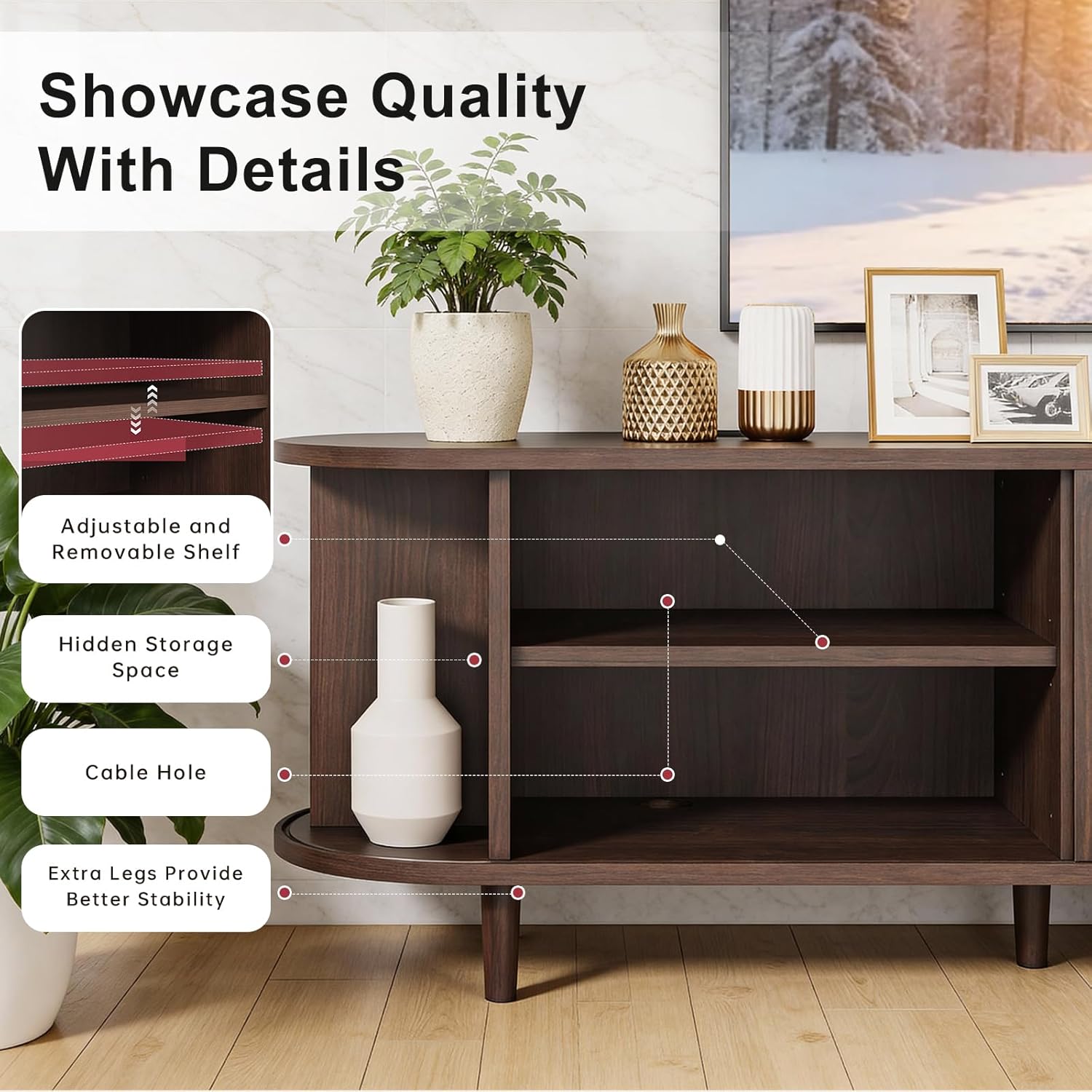 58" Mid Century Modern TV Stand, Wood TV Consoles with Sliding Doors and Power Outlet, Entertainment Center with Adjustable Shelves, Fluted TV Stands for Living Room, Walnut