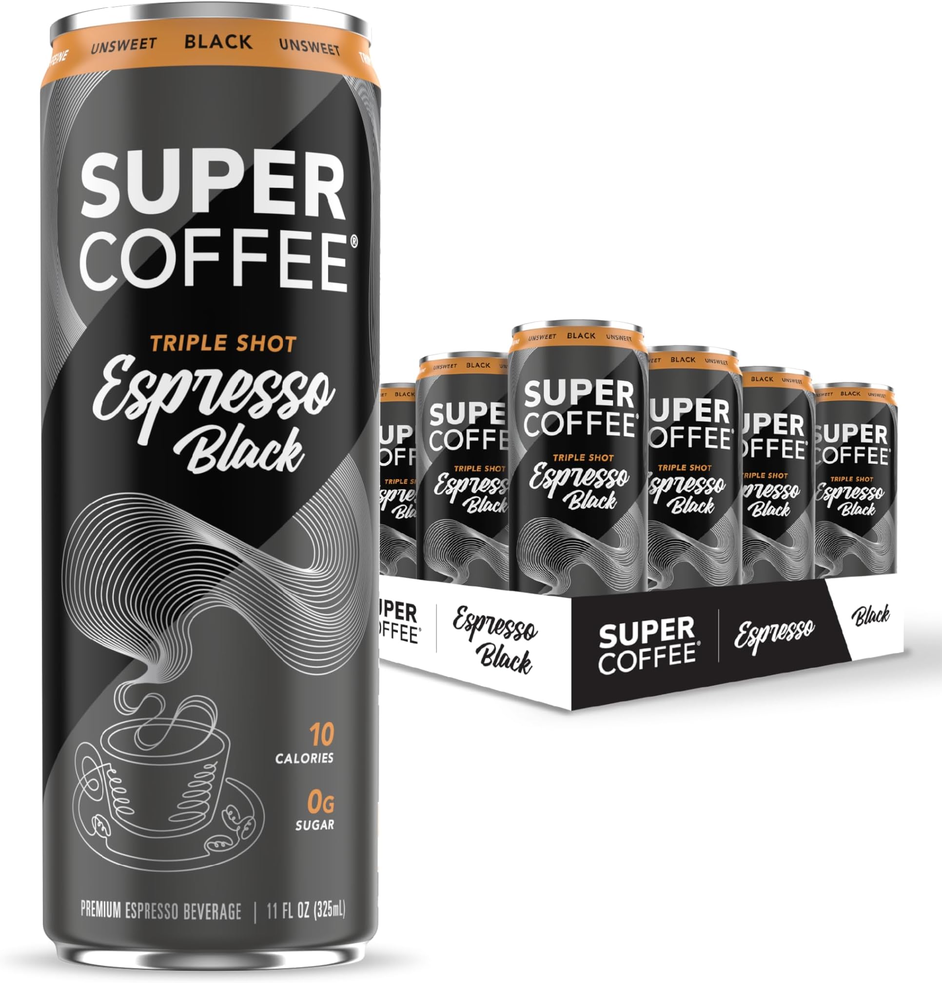SUPER COFFEE Espresso, Iced Keto Coffee (0g Added Sugar, 10 Calories) [Triple Shot Black] 11 Fl Oz, 12 Pack | Cold Brew, Smart Coffee Drinks - SoyFree GlutenFree