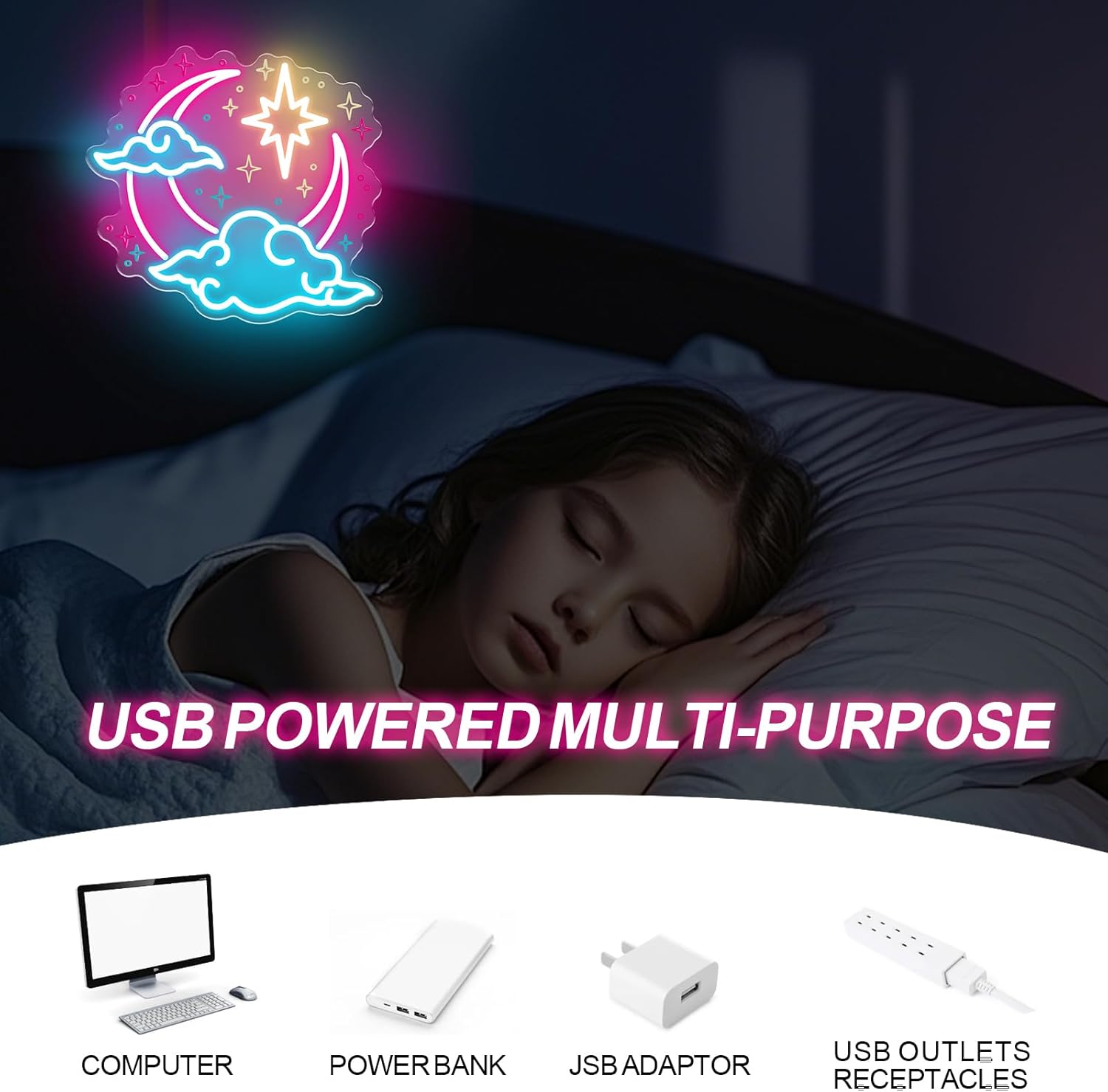 Crescent Moon Cloud Star Neon Sign for Wall Decor, Dreamy LED Light Up Sign for Bedroom, Living room, Girls Room, Party, Baby Nursery, Birthday Party Gift for Kids Teens, 13.8"x13"
