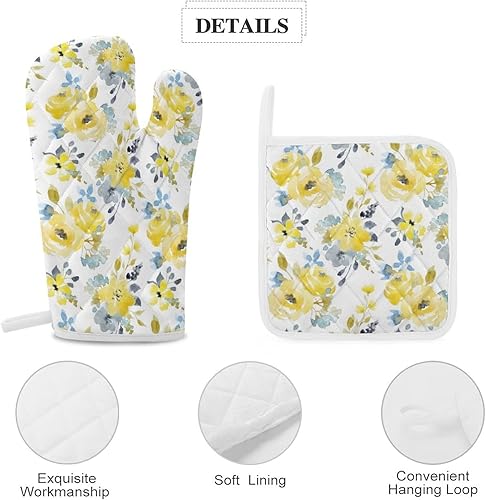 Miniatura 4 de Juego de 4 manoplas de horno y agarraderas de flores brillantes amarillas y azules, resistentes al calor, guantes antideslizantes, decoración de