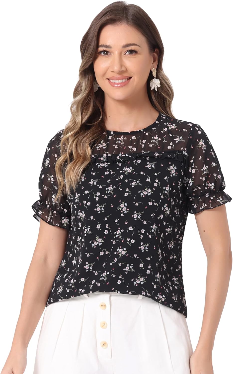 Allegra K Women's Chiffon Floral Short Sleeve Ruffled Trim Blouse Top