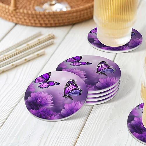 Miniatura 8 de Juego de 4 posavasos con estampado de mariposas de flores moradas para bebidas, juego de 4 posavasos absorbentes de cerámica con respaldo de corcho