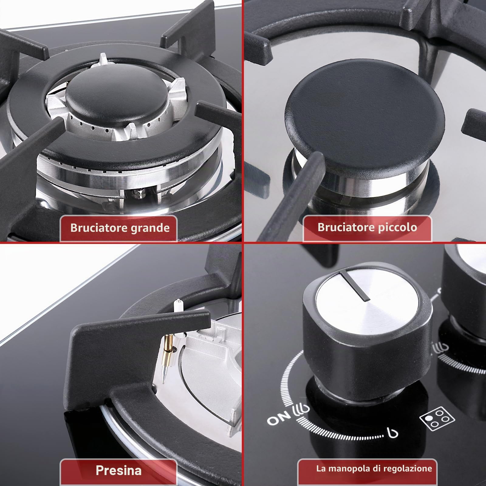 IsEasy Piano Cottura a Gas 4 Fuochi, Vetro con Protezione Termica Automatica, Gas Naturale e Propano, Gas on Glass 60cm da Incasso