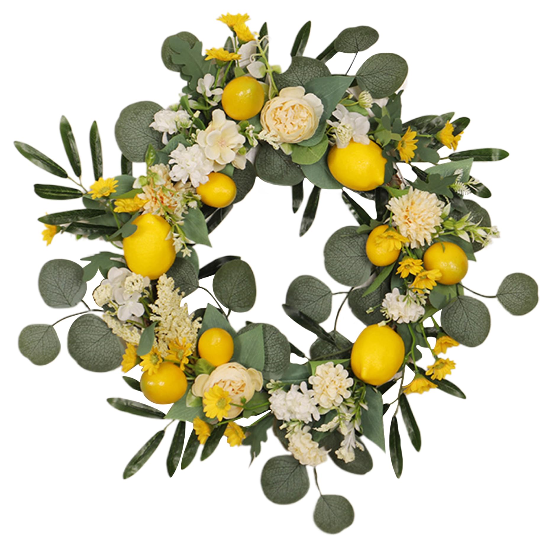 Lemon Wreath 17.7 Inch Artificial Spring Summer Wreath with Peony Flowers Green Leaves