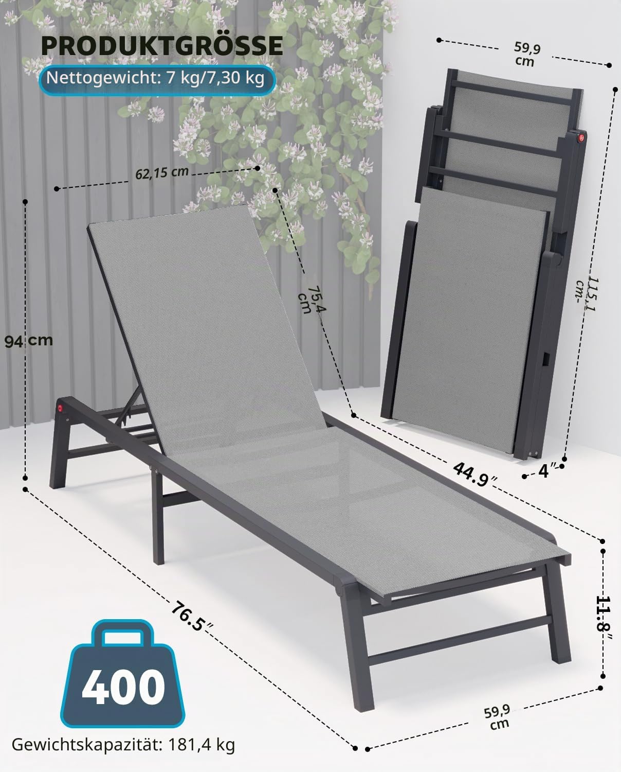Aluminium Chaise Lounge Chair Outdoor, faltbar Patio Lounge Chair Assemble-Free, Pool Lounge Chairs mit 5 verstellbaren Rückenlehnen