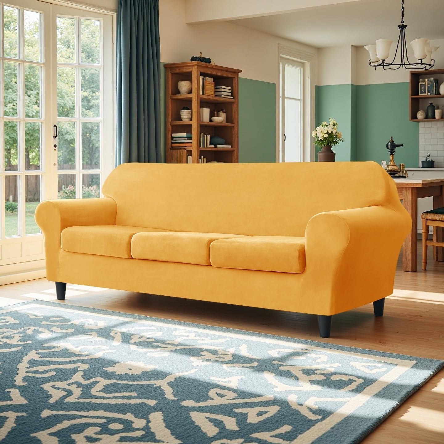 Deisy Dee Velvet Couch Covers - Stretch Soft Sofa Slipcovers for 3 Cushion Couch - Pet Friendly and Durable Fabric for Dogs and Pets - Elegant Protection for Your Living Room Furniture (Yellow)