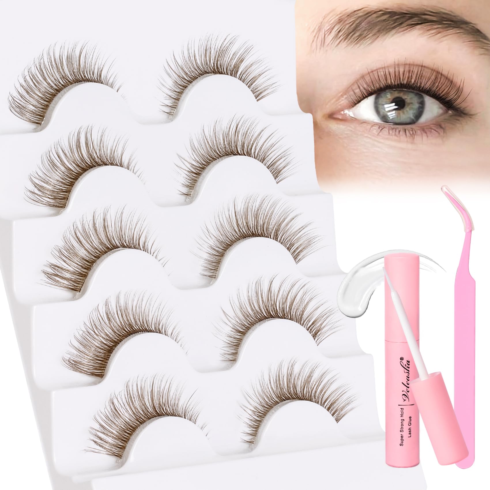 Veleasha Brown Lash Kit with Glue & Tweezer Cat Eye Lashes Natural Look 3D Fake Eyelashes with Clear Band Wispy Eyelashes Lightweight & Soft Eye Lashes 5 Pairs Pack Eyelash Kit (Brown 01)