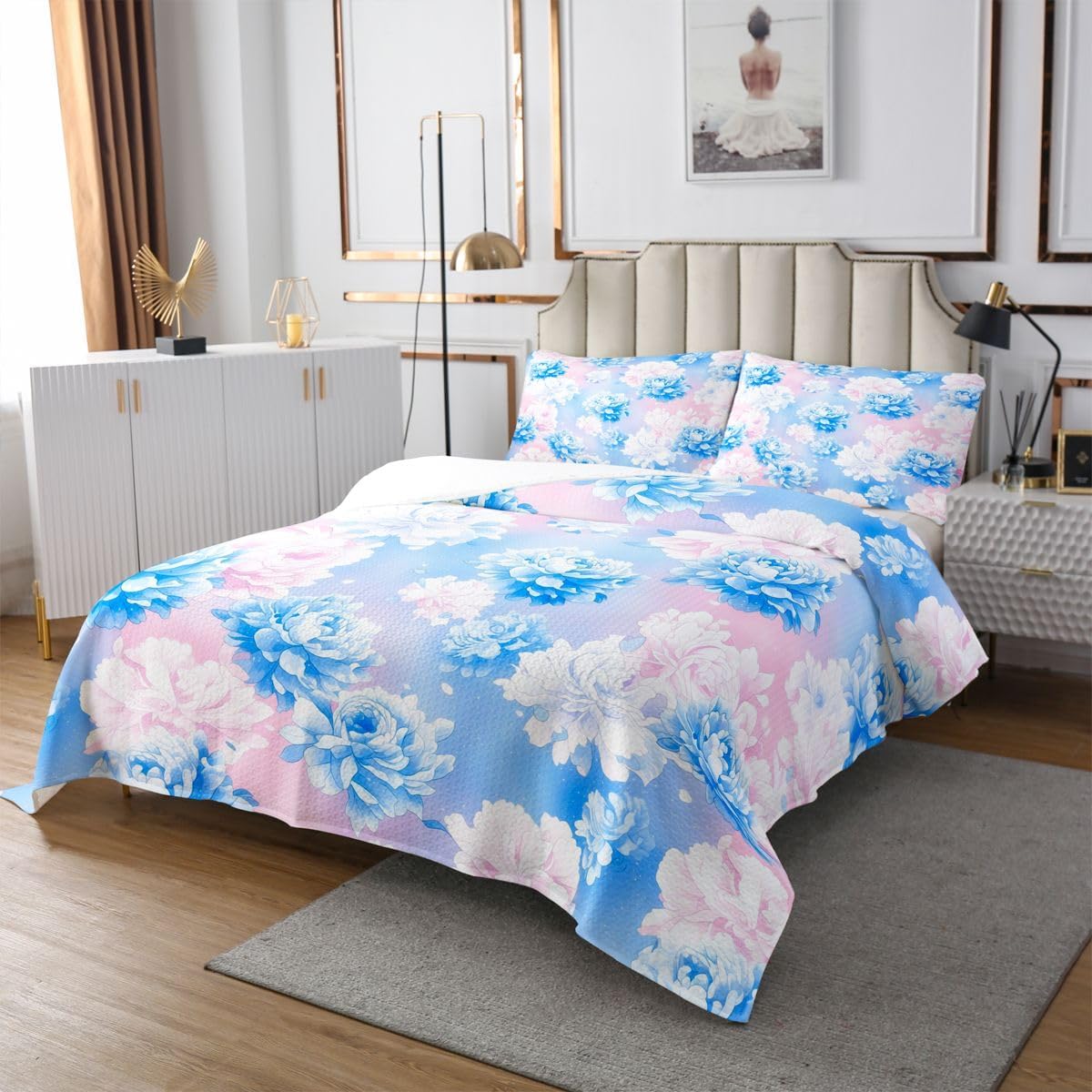Erosebridal Pink Blue Peony Quilt Set Gradient Bohemian Flowers Queen Bedspread Set | Watercolor Floral Coverlet Sets Dreamy Garden Flower Quilted