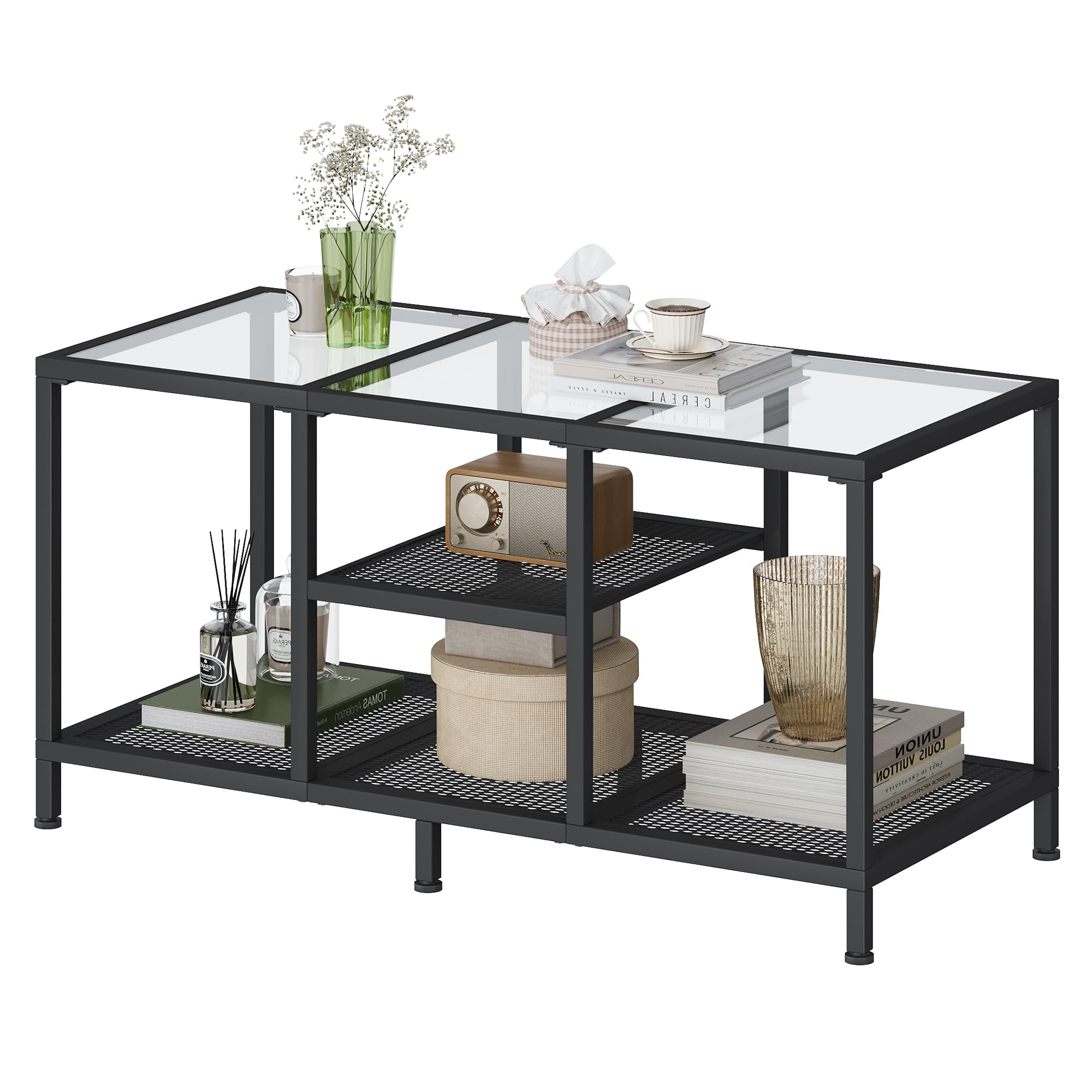 JARHETUN Glass Coffee Table, Coffee Tables for Living Room, Small Center Table, Modern Coffee Table with Open Storge&Metal Frame, Rectangular Coffee