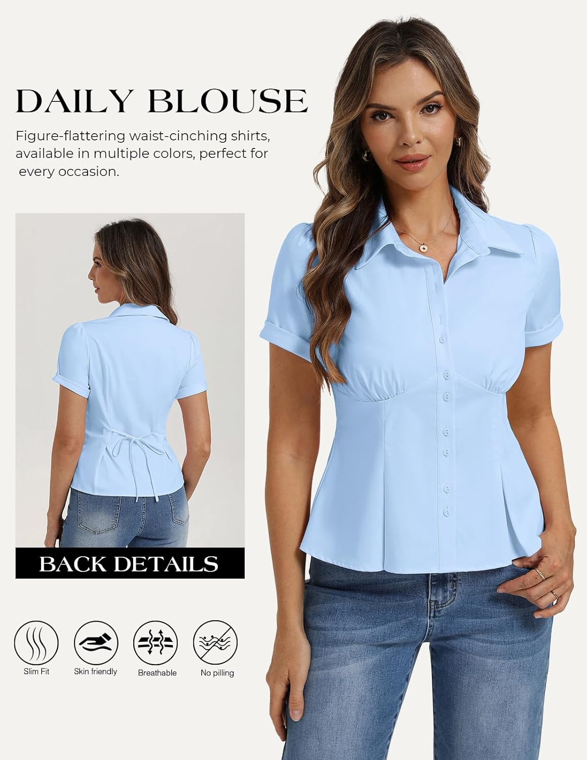 Belle Poque Womens Short Sleeve Button Down Shirts Work Tops Blouses for Women Dressy Casual - Image 3